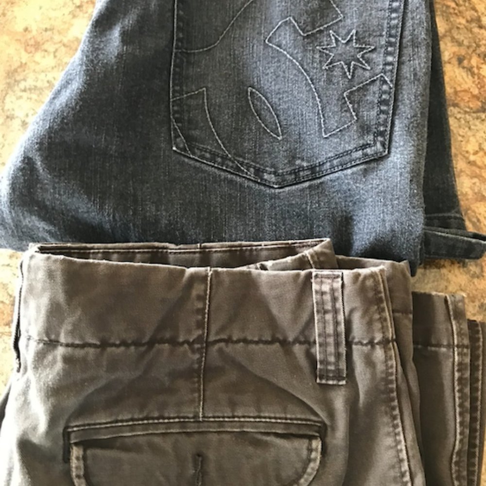 Two pair men pants/jeans, sz 32/32 gray and brown